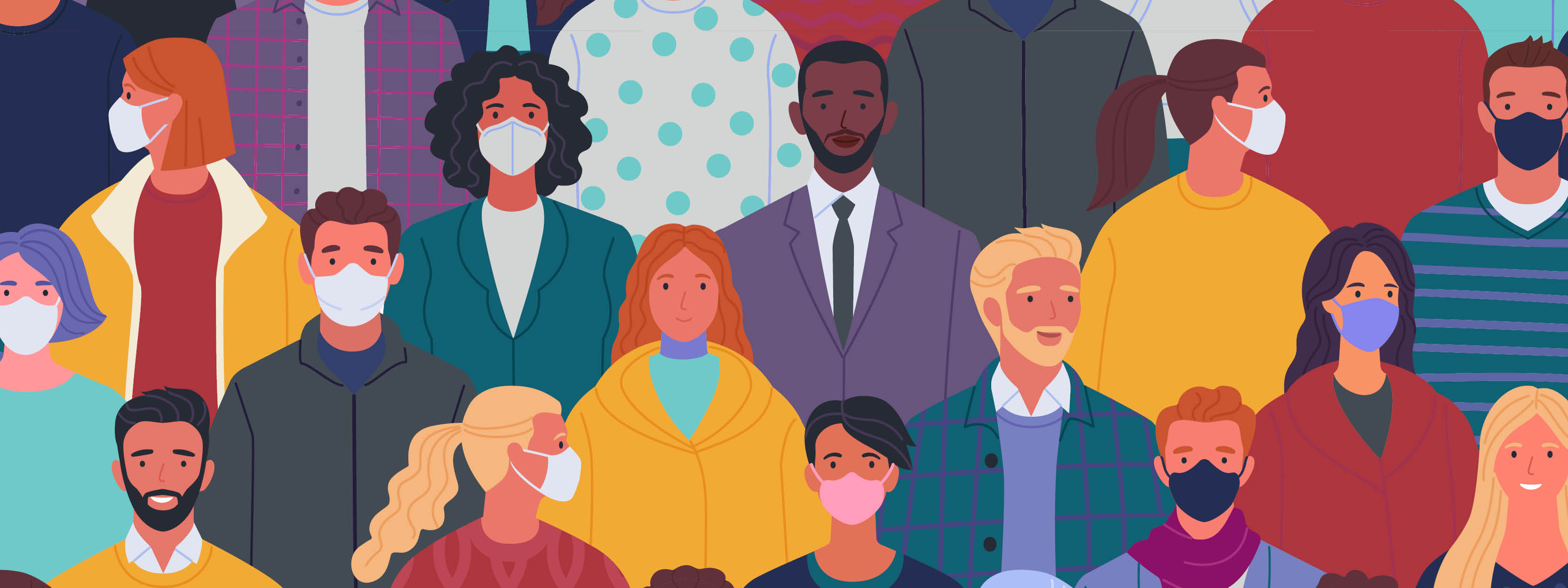 Illustration of a diverse group of people, some wearing masks