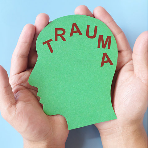 Care, treatment, PTSD and trauma therapy concept. Hand holding paper head cutout with TRAUMA written it