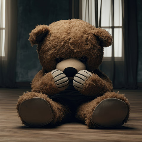AI generaated image of child abuse depicted through a teddy bear covering its eyes in an empty room.