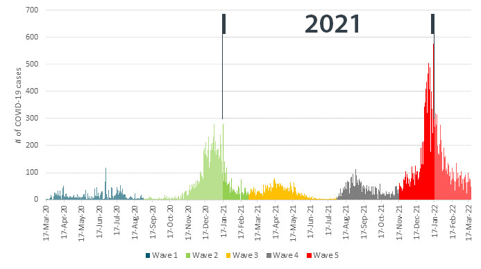 Featured Story graphic - Chart of dates COVID-19 cases based on wave number