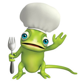 Cartoon chameleon wearing a chef hat and holding a fork