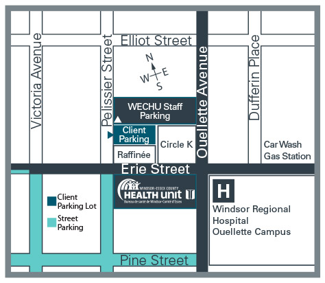 Map showing available public parking for the Windsor office, behind the Circle K on Erie