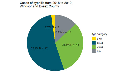 Chart illustrating cases of syphilis from 2018 to 2019 in Windsor and Essex County by age group