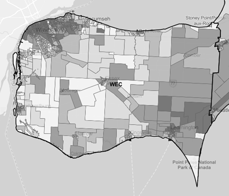 Map of Windsor Essex County, grouped by postal code
