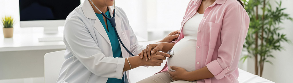 Healthcare professional using a stethoscope to examine a pregnant patient’s abdomen during a prenatal checkup.