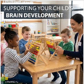 Supporting Your Child's Brain Development - campaign graphic w/ photo of teacher and small children in a classroom using an abacus for some reason