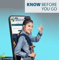 Graphic of a woman checking an app and being informed prior to going to a restaurant