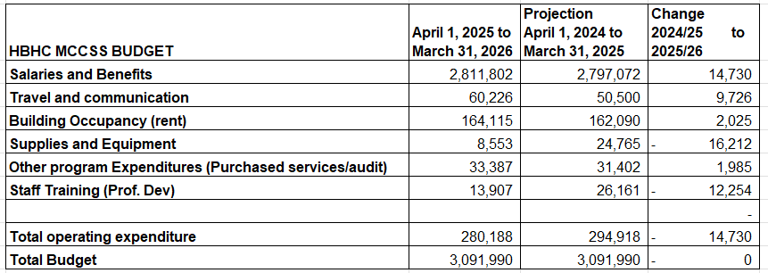 Tabular data breaking down the HBHC MSCSS Budget