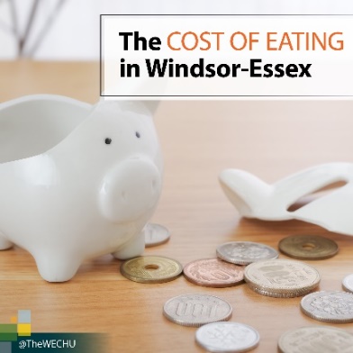 A broken piggy bank surrounded by coins, and text that reads the cost of eating in Windsor-Essex
