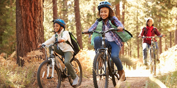 Photo of a family riding bicycles on a forest trail