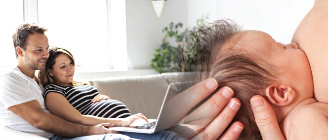 Photo of pregnant couple using laptop, and a baby breastfeeding