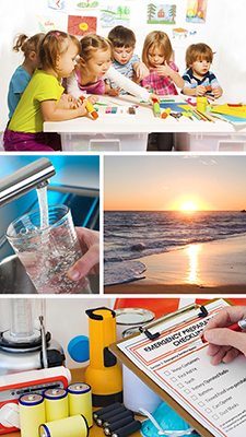Four images. Image 1: A group of young children playing at a craft table. Image 2: a cup filling with tab water. Image 3: A sunset at the beach. Image 4: Emergency supplies and an emergency preparation checklist