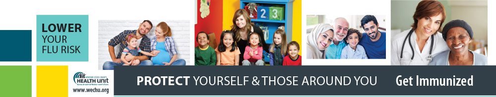 Banner with a collage of people, text reading Lower your risk of flu - protect yourself and those around by getting immunized